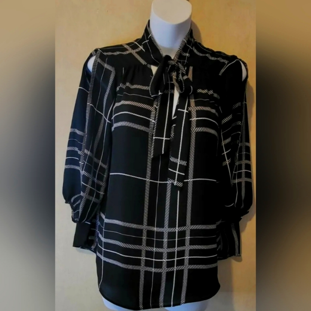 🌸A.BYER cold shoulder black blouse with white stripes, tie neck size small